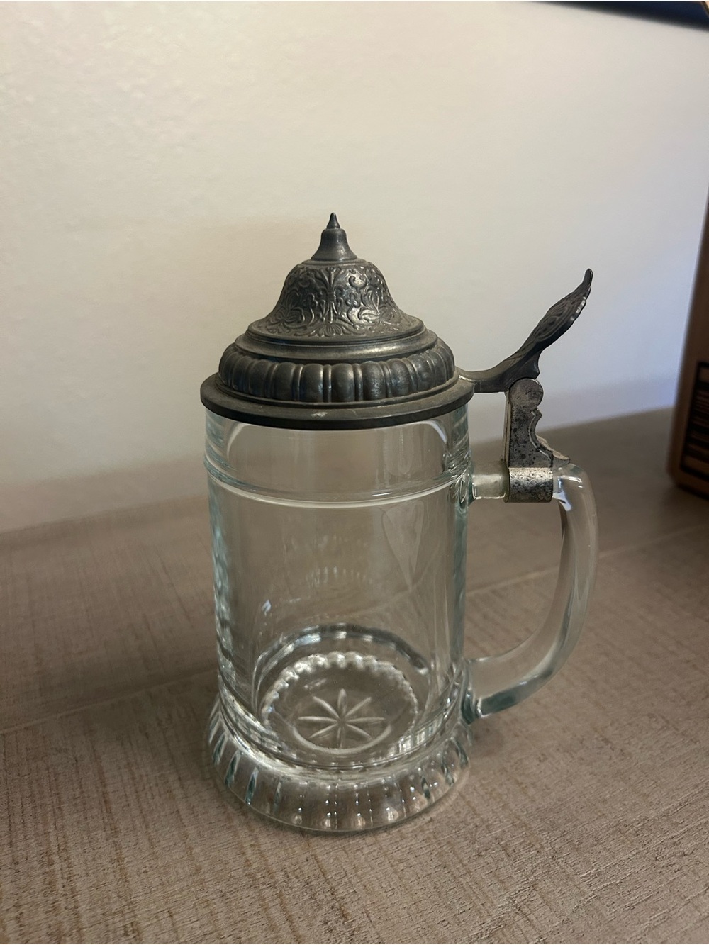 Vintage Glass Beer Stein with Decorative Pewter Lid